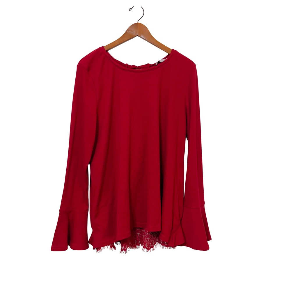 Umgee USA Womens Top 1XL Red Ribbed Lace Back Bell Sleeve Boho Blouse